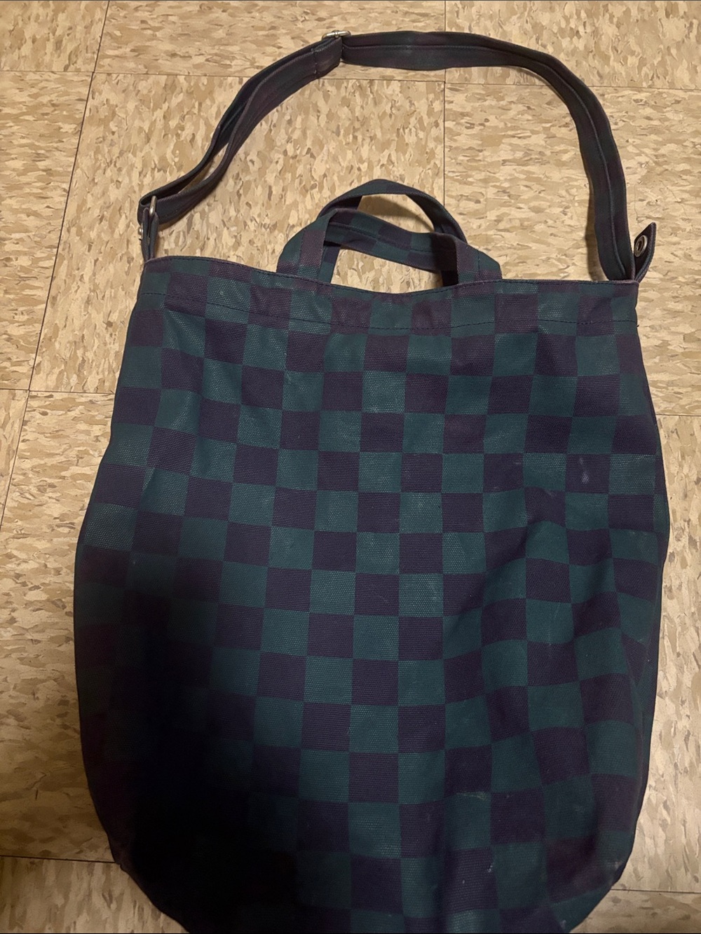 Men's Checker Canvas Tote Bag with Shoulder Strap - Green & Black